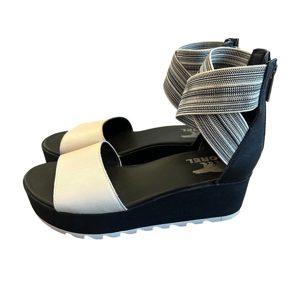 Sorel Cameron Flatform White Black Sandals Stretch Ankle Strap Size 8 Women's - Picture 4 of 9